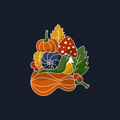 Autumnal illustration autumn berry flat illustration leaf mushroom nature pumpkin snail vector
