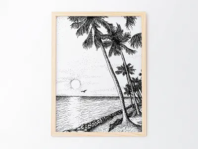 New Day Ink Illustration beach bird black and white calm crosshatching hatching illustration ocean palm tree pen and ink pencil drawing sea seascape sharpie soar stippling sun sunbathing sunny day water