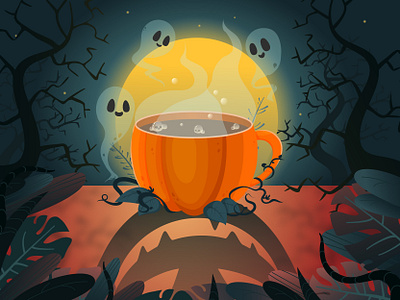 Scary Halloween pumpkin adobe illustrator art blue branding coffee design ghost halloween halloween mood hand drawn illustration leafs orange pumpkin spice trees vector vector art vector design