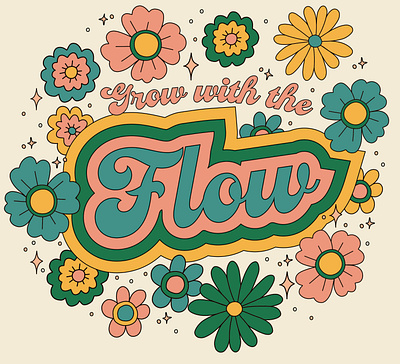 grow with the flow 1960s 1970s adobe fresco digital illustration floral flower power flowers graphic design illustration lettering retro typography vintage