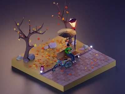 Autumn Park 3d 3d art autumn bench bicycle bike blender book character design fall illustration isometric leaf legs light lowpoly park render rock