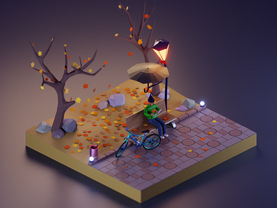 Autumn Park 3d 3d art autumn bench bicycle bike blender book character design fall illustration isometric leaf legs light lowpoly park render rock