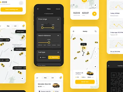 Vego - Car sharing app screens app booking car car share car sharing cars carsharing clean design filters list location map mobile navigation product card qr code rent slider tabs