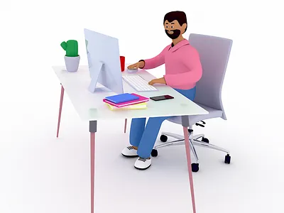 Cute man online working 3d boss c4d clay design desktop illustration internet man management online render smm style trendy 3d white working