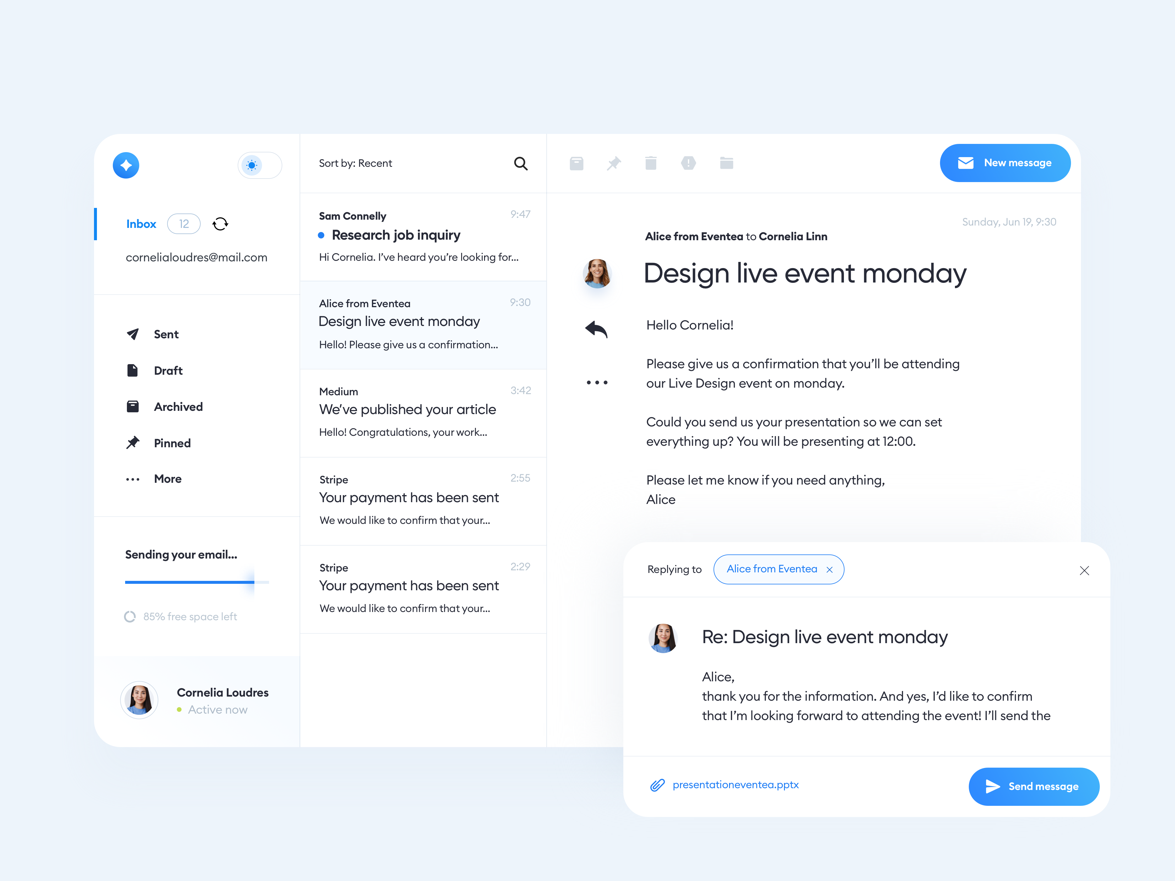 Tinkerbell - smart & modern email agent agent app blue branding bright dashboard desktop desktopapp email flat minimal saas service simple software ui ux