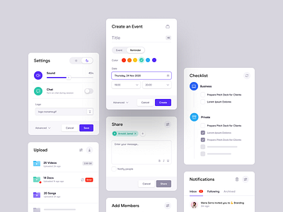 Cards - White UI app calendar checklist dashboard design system event input modal notifications picker popup settings share slider tasks to do ui upload ux web