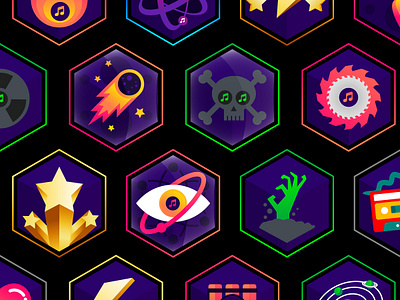 Music creation achievement Badges achivement award badges composition gamification icon iconography illustration logo design medals music music production online learning pin badges success ui xp