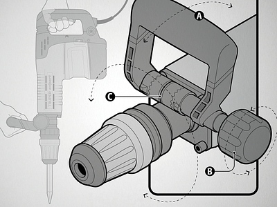 Demolition Hammer arrows demolition hammer instructional illustration instructions isometric illustration process tech technical drawing technical illustration