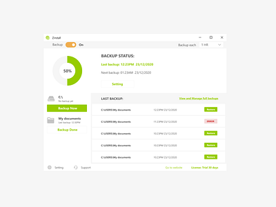 Zinstall Backup app backup dashboad ui ux