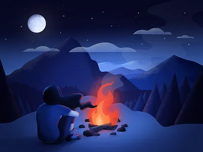 Campfire in the Mountains — Illustration campfire digital art digital illustration drawing illustration moonlight mountains nature night