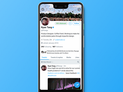 Increase Twitter Profile Engagement with Feature Concepts app app design blue concept concept design indicators product design recent relevancy search social media twitter ui ui design user experience user profile ux ux design