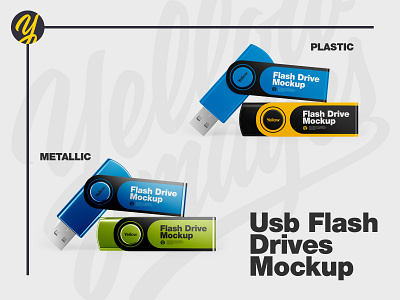 USB Flash Drives Mockup device flash disk flash drive flash memory half side view high angle shot matall matte matte flash drive matte usb met metallic mockup pen drive stick thumb drive top view two usb yellow roma