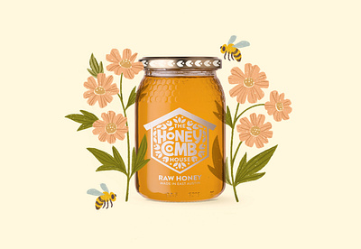 The Honey Comb House : Jar Packaging floral illustration food brands food illustration food packaging freelance designer freelance illustrator graphic design honey bee honey branding logo design nature brands nature illustration organic food organic logo packaging design