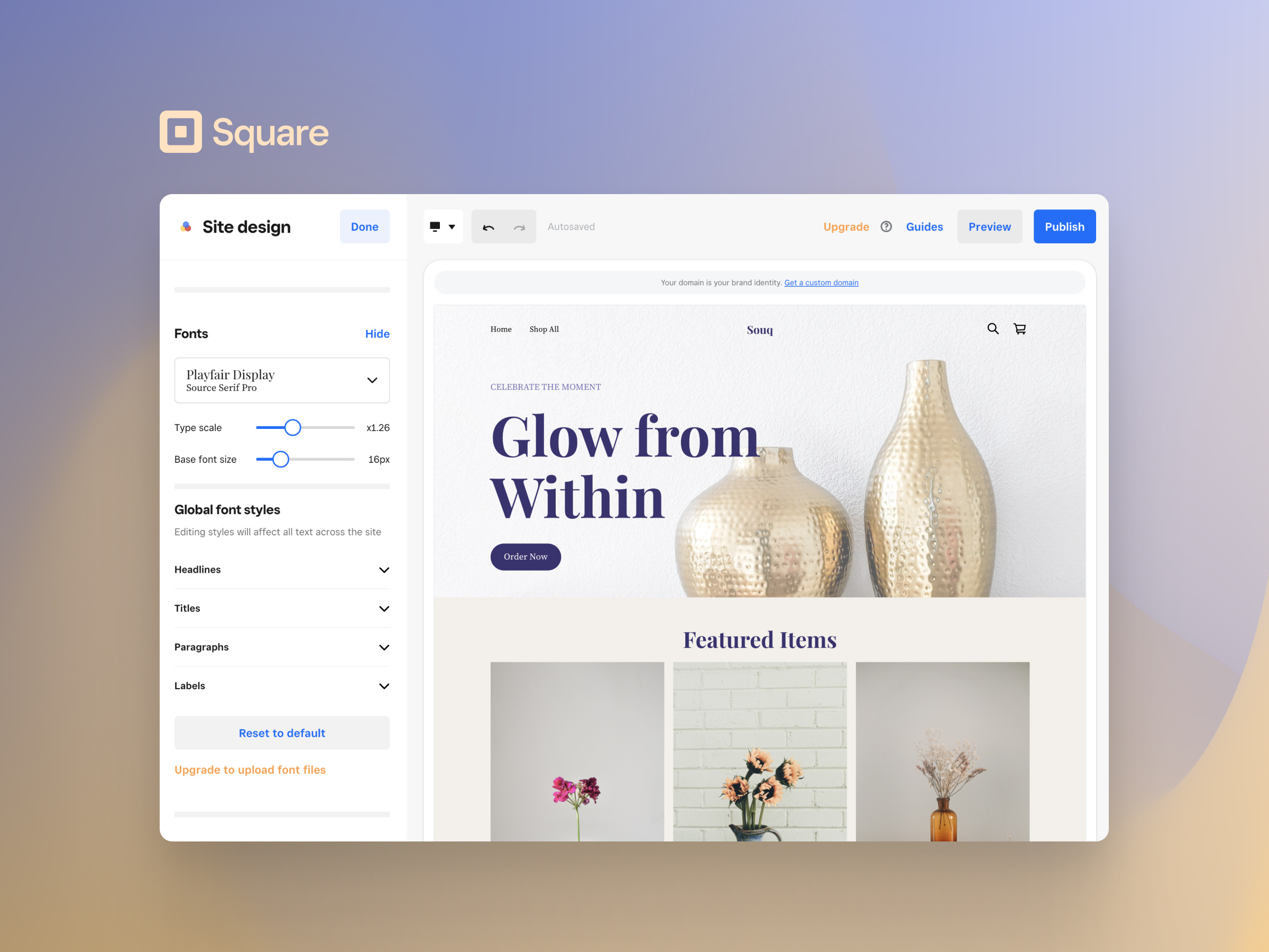 Square Online | Typography customizations branding editor site builder square text styles typography