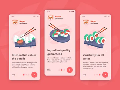 Hanzo Walkthrough - Food Delivery App app clean concept delivery design food illustration japanese red simple ui walkthrough