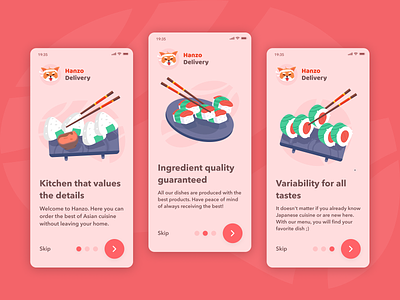 Hanzo Walkthrough - Food Delivery App app clean concept delivery design food illustration japanese red simple ui walkthrough