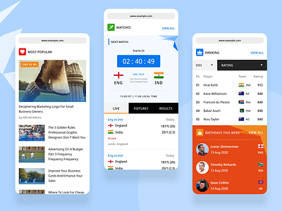 Cricket Website - Mobile View app cricket design icon match minimal mobile news ranking responsive score sports typogaphy ui ux web web design