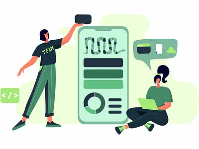 App developer in work process algorithm app coding data developer flat freelance girl illustration internet people programming python science web woman