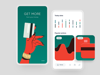 Mobile bank: splash, home. app bank card credit finance fintech illustration mobile mobile design onboarding splash