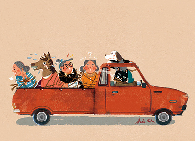 One penny, one grandma animal art artwork car cat art character dog editorial illustration illustration pickup truck postcards woman