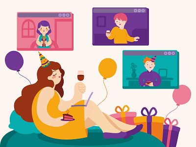 Social Distancing Happy Birthday adobe illustrator adobeillustrator birthday birthday party character design characters design digital illustration freepik friends happy birthday illustration meeting meeting app social distance social distancing vector vector art virtual party