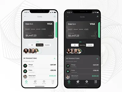 Green Bank Wallet - Dark / Light UI bank banking clean concept dark theme dark ui design finance finance app light light ui online banking payment ui ux wallet