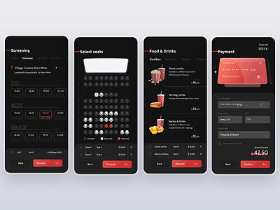 Movie app - Booking process 🎫 booking app booking system checkout flow cinema creditcard dark app dark theme dark ui mobile ui movie app screening ticket booking