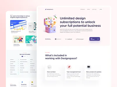 Design Service Subscription Landing Page - Designspace 3d 3d design 3d illustration app bold branding card clean cms creative flat homepage illustration landing page product design ui ux web web design website