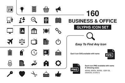 160 Business & office icon set bundle business business icon finance gluphs icon idea management office set of business icon symbols