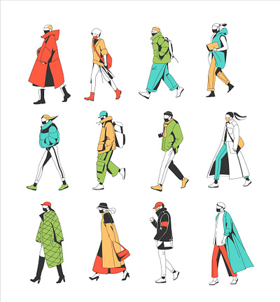 characters walking cartoon character collection coronavirus epidemic face mask flat girl global go health care illustration people vector art