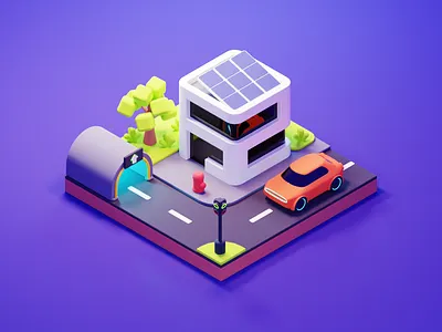 City Street 3d blender car city diorama electric future illustration isometric lowpoly street