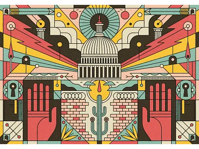 Washingtonian america cactus character editorial flames graphic hands illustration keyhole mexico retro texture vector washington dc whitehouse