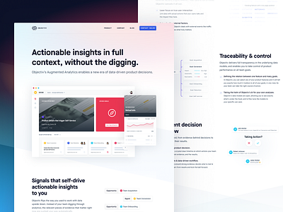 Objectiv Product Page actionable insights data visualisation gradient hero illustration message product detail product page wireframe