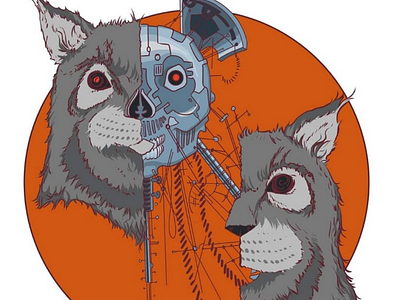 Geneticon animal cat cyberpunk cyborg ears eerie eyes fluffy horror lynx machine metallic orange robotic scary science fiction surreal