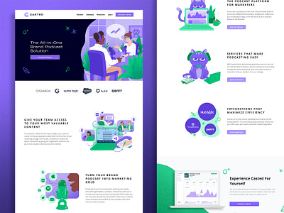 Casted Website bowtie branding cartoon cat character design coffee design doodles drawing green illustration laptop marketing microphone plants podcast purple ui web design website