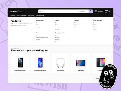 Navigation Exploration - Mana by Back Market backmarket categories design ecommerce figma header mana menu navigation navigation menu refurbished ui ux website