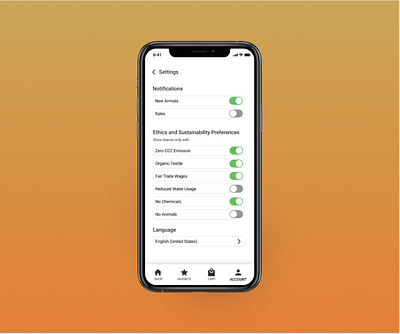 Sustainable Fashion Brand Mobile App Settings branding setting settings ui