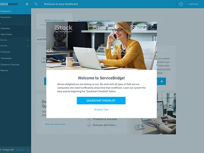 Welcome pop-up, get started with a Checklist modal onboarding onboarding ui product tour service bridge stock photo mockup welcome modal