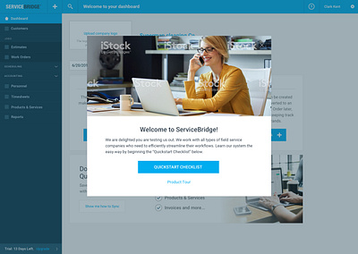 Welcome pop-up, get started with a Checklist modal onboarding onboarding ui product tour service bridge stock photo mockup welcome modal