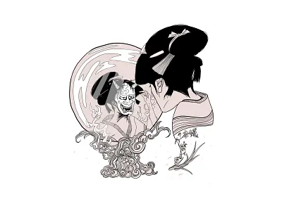 UNGAIKYO [INKTOBER 2020 SERIES] 2020 art black and white design digital digitalart direction folklore geisha graphic hannya illustration inktober inktober2020 japan japanese mirror oni trap