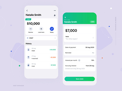Debts and loans manager app application borrow clean credit debt finance app loan mobile app mobile application ui ux