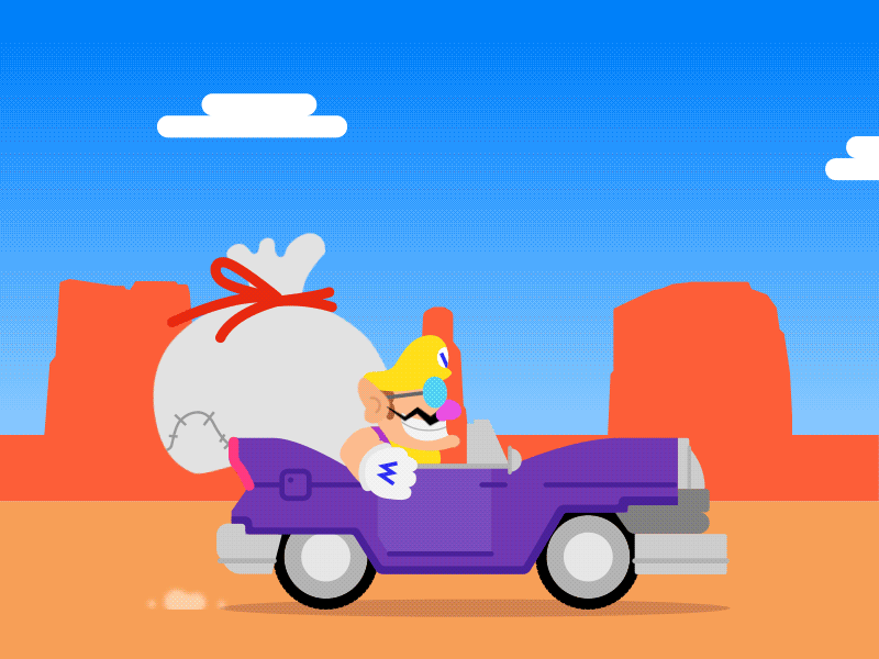 Wario Car 2d after effects animation car day desert fanart illustration mario mario bros night nintendo vector wario warioland4