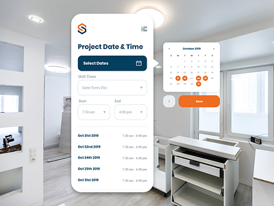 Steady Install - Project Date & Time cal calendar construction coplex date layout mobile modal navy navy blue orange steady install time ui ux web