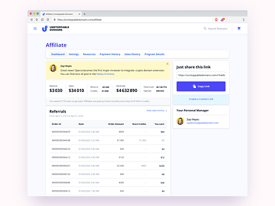 Unstoppable Domains - Affiliate Dashboard affiliate affiliate marketing dashboard dashboard design domains referral unstoppable domains