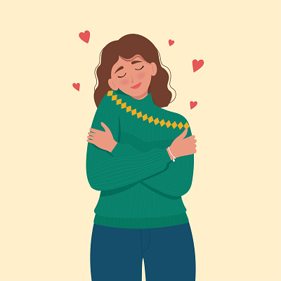 Love yourself. Young woman hugging oneself, happy, positive, and cute female flat freedom happiness harmony hug human illustration lifestyle love yourself mental health mind positive respect self care smile vector woman