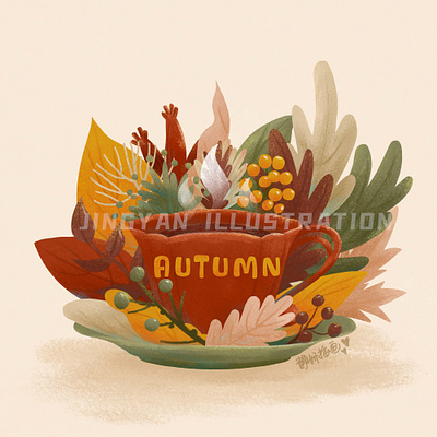 茶杯 autumn background cup design illustration leaves photoshop