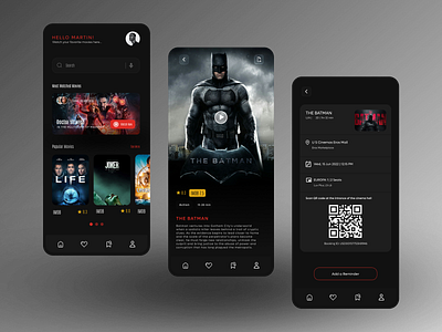 Movie Streaming | Cinema Booking App app app design application cinema cinema booking clean dark mode design interface mobile app design mobile design movie app movie poster movie streaming movies streaming streaming app ticket booking ui ui design