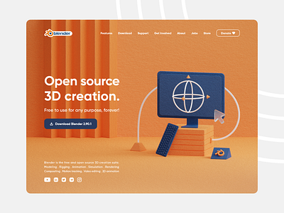 Blender Landing Concept 3d b3d blender concept cycles download gizmo illustration imac keyboard landing landing page minimal monitor navyblue noise orange pc redesign ui