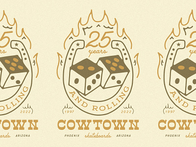 Cowtown 25 Years 25 years anniversary anniversary logo arizona branding cowtown dice flames horseshoe illustration logo phoenix skateboarding skateboards skateshop western