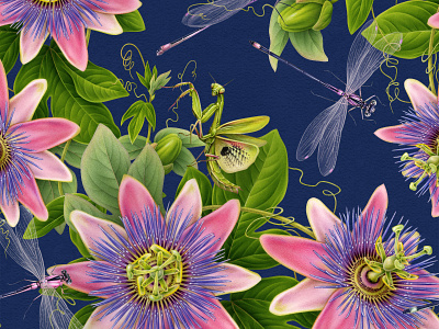 Passionflower- pattern samples botanical botanical illustration branding design dragonfly drawing fashion floral handmade illustration insect mantis naturalistic pattern pattern design printing seamless pattern vintage yoga